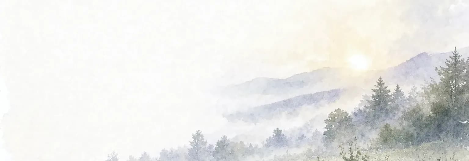 Watercolour of early morning mist lying in a Catskill valley, the sun just breaking over the ridge above a dew-soft meadow.