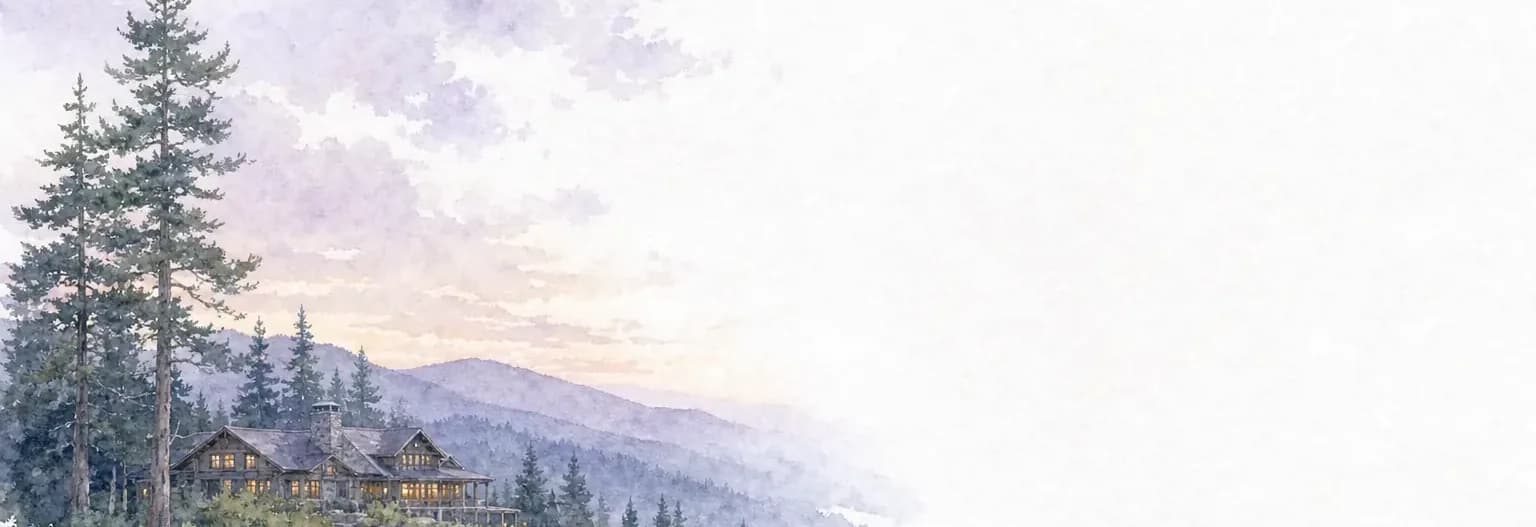 Watercolour of a low timber mountain lodge among tall pines at dusk, its windows just beginning to show lamplight under a lilac and cream sky.