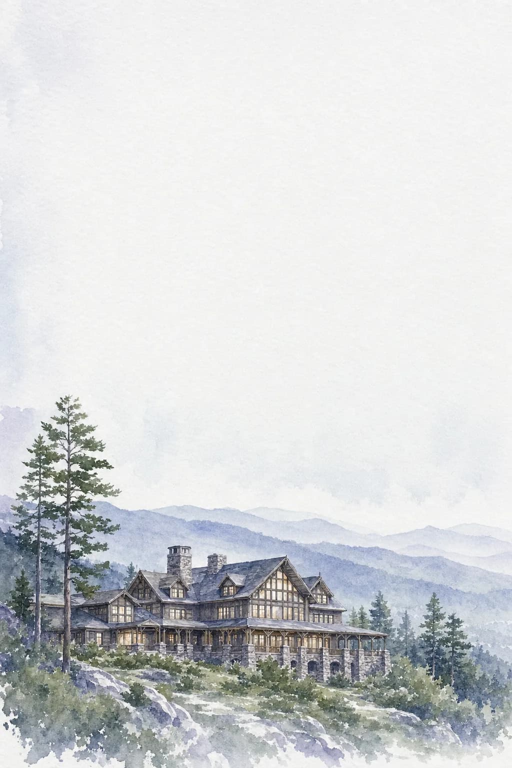 Watercolour of a large timber mountain lodge on a Catskill ridge, its tall windows and covered porch lit from within, surrounded by pines above layered blue-grey ridges fading into haze.