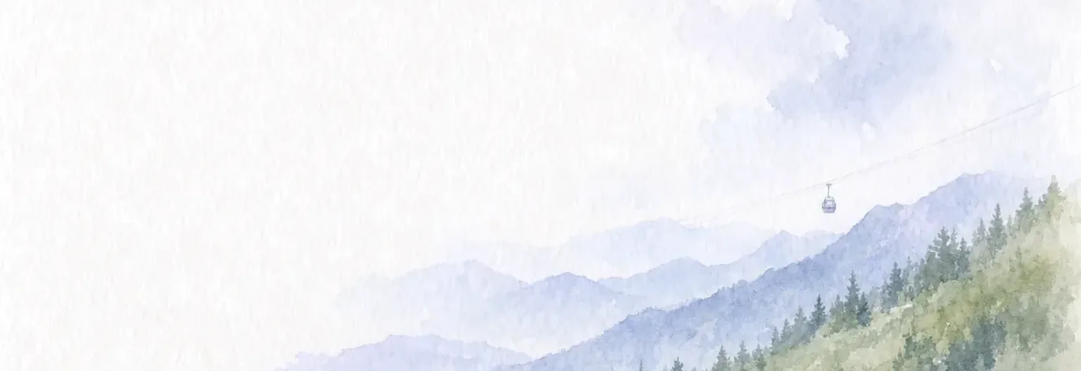Watercolour of a single gondola cabin drifting on its cable high above a forested mountainside, blue ridges beyond.
