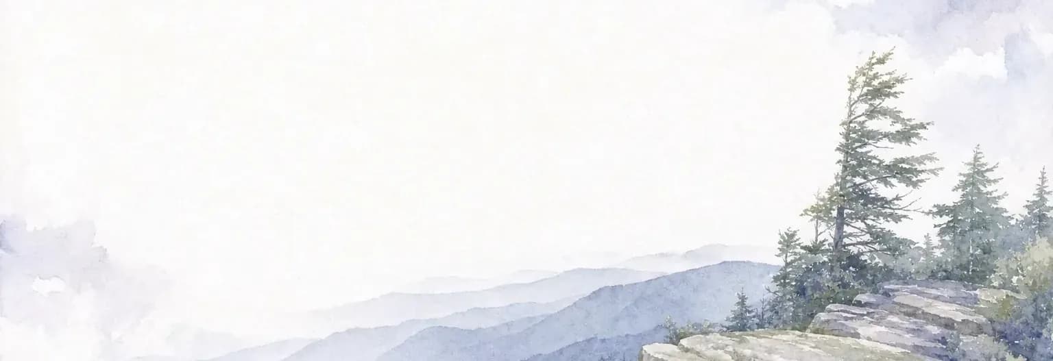 Watercolour of a broad stone ledge at a forested summit, opening onto layered blue-grey ridges receding into haze.