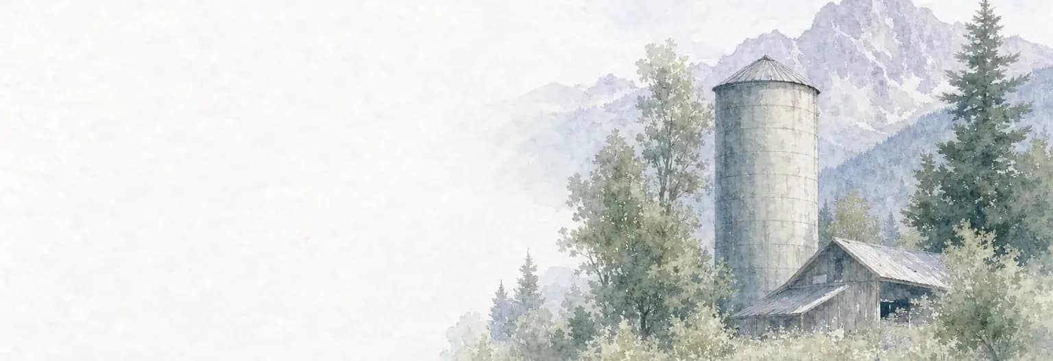 Watercolour of a tall grain silo standing beside a weathered barn among trees, with pale mountains rising behind.